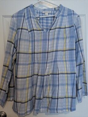 Coldwater Creek Blue, Yellow & Navy Plaid Pintuck Tunic